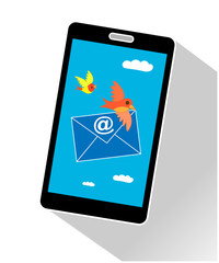 Mobile phone display showing bird carrying an email message