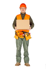 male builder or manual worker in helmet holding and moving  cardboard box on white background.