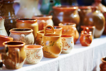 Handmade ceramic jugs sold on Easter fair in Vilnius