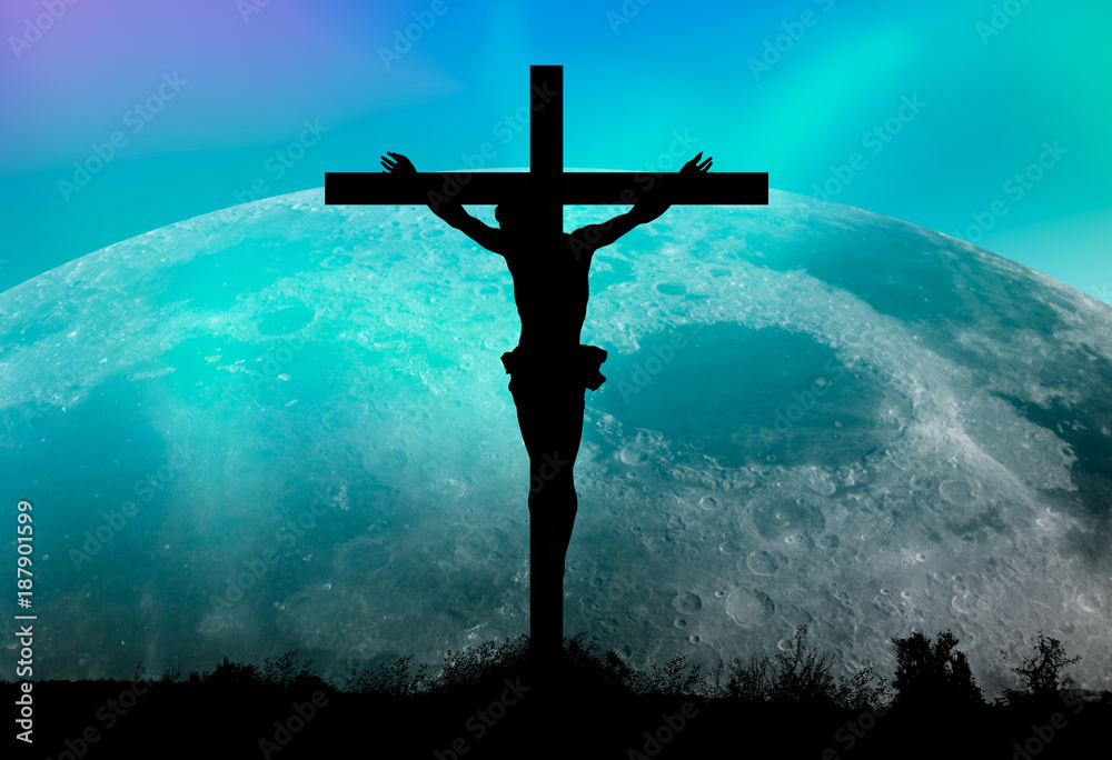 Wall mural Jesus on the cross against super moon.  