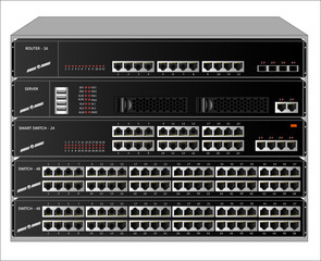 Rack with equipment for connecting subscribers to the Internet. Vector illustration.