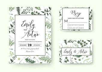 Wedding invite, invitation rsvp card vector floral greenery silhouette design: palm fern tree, foliage natural branches, green leaves, herbs, berries tropical heel hand drawn silhouette Watercolor set