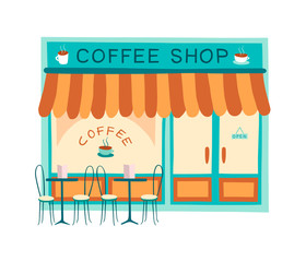 Coffee shop front vector illustration on flat style. Colorful drawing of the front of cafe and restaurant