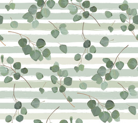 Seamless pattern of Eucalyptus silver dollar tree natural branches with green tropical leaves in watercolor style. Vector decorative elegant greenery illustration isolated white stripped background