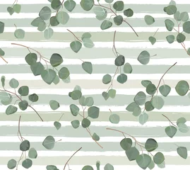 Wall murals Watercolor leaves Seamless pattern of Eucalyptus silver dollar tree natural branches with green tropical leaves in watercolor style. Vector decorative elegant greenery illustration isolated white stripped background