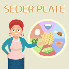 jewish female character explaining seder plate vector illustrati