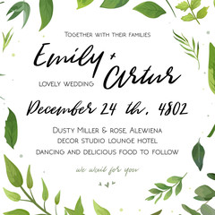 Wedding Invitation, floral invite card Design with carious leaves beauty greenery, eucalyptus forest bunch decorative frame, wreath botany print. Vector elegant square rustic save the date postcard
