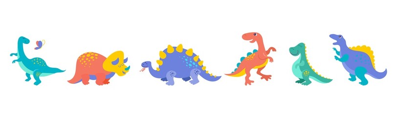 Dinosaurs collection and banner, cute illustrations of prehistoric animals