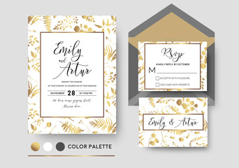 Wedding invite, invitation, rsvp poscard vector stylish chic floral design; golden foil print pattern of forest leaves, palm, fern fronds, eucalyptus branches, herbs mix. Luxury, printable elegant set