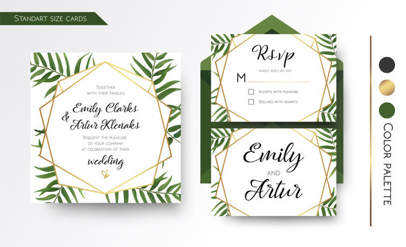 Wedding Invitation, save the date, rsvp invite card Design with green tropical forest palm tree leaves, forest greenery, geometric golden border print. Vector floral template set