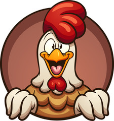 Cartoon chicken peeking out of a round hole. Vector clip art illustration with simple gradients. All in a single layer. 