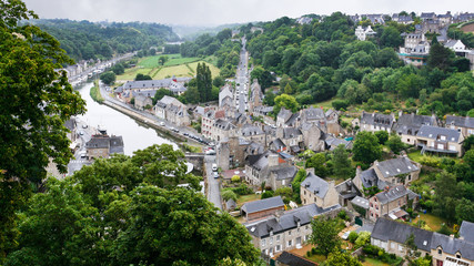 view of Dinan city from Jardin Anglais in rain