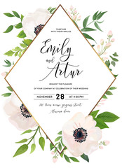 Wedding invite, invitation, save the date card design: white pink Anemone poppy flower, green leaves, eucalyptus greenery foliage forest bouquet and golden phombus frame. Vector rustic postcard layout
