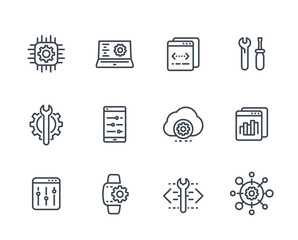 development, configuration service, engineering, settings line icons set on white