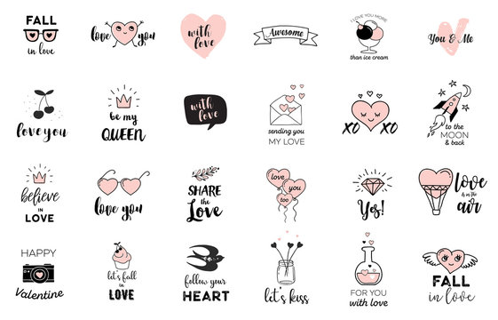 Love doodles, hand drawn illustrations and quotes collection