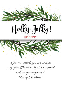 Vector Greeting Card, Invite With Pine Tree Greenery Branches, Eucalyptus Green Leaf Wreath & Black Berry Border, Frame. Merry Cute Watercolor Illustration. Merry Christmas Copy Space Design Template