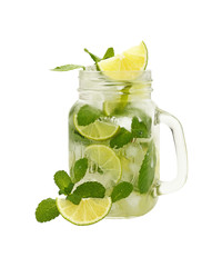 Close up mason jar of mojito isolated on white