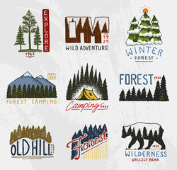 camp logo, mountains coniferous forest and wooden badges. engraved hand drawn in old vintage sketch. emblem tent tourist, travel for labels. outdoor adventure landscapes with pine trees and hills.
