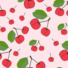 Cute cherry seamless pattern. Good for textile, wrapping, wallpapers, etc. Sweet red ripe cherries isolated on pink background.  illustration.