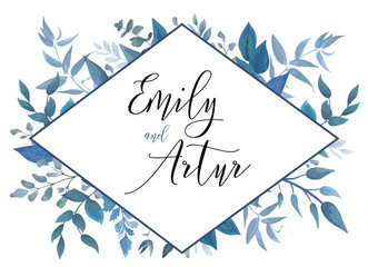 Wedding invite, invitation, save the date card design with watercolor blue color leaves fern greenery forest plants, herbs & geometric rhombus cute frame. Vector tender rustic postcard editable layout