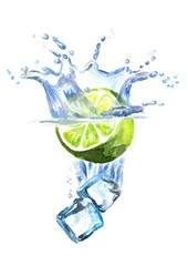 Ice cubes and lime falling into water isolated on white background