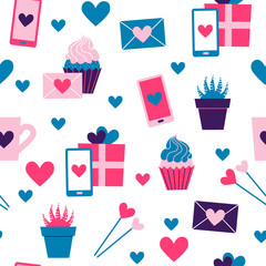 Seamless pattern of valentine day icons collection on white background. Set of flat illustrations with heart, gift, cupcake, flower, envelope. Modern colors vector design.