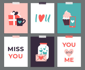 Set of cute romantic templates. Collection of flat illustrations with heart, gift, cupcake, flower, envelope. Modern colors vector design.