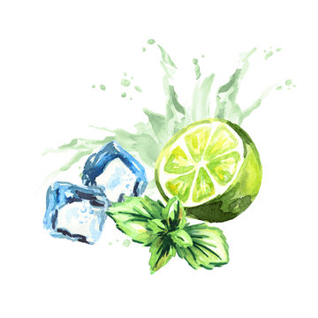 Ice cubes, mint leaves, water splash and lime isolated on a white background. Watercolor hand drawn illustration
