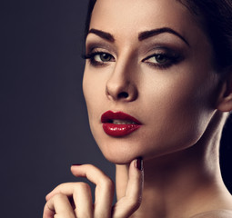 Bright evening makeup woman with perfect skin, chin, long neck, red sexy lipstick, smokey eye make-up and fashionable brows.  Closeup toned portrait