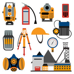 A set of mine tools and measuring instruments. Devices and means of individual protection. Vector illustration