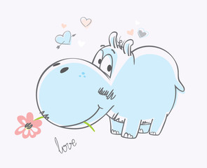 Hippo gives a flower. Vector Illustration