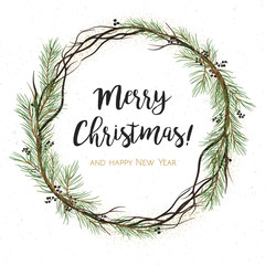 Vector greeting card, invite: Pine tree greenery, brown branches, Green spruce needles & black berry round wreath garland border, frame. Cute watercolor illustration. Merry Christmas text space design