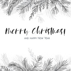 Merry Christmas greeting card, postcard vector design hand drawn silver gray ink winter tree, pine branch, blue spruce, cedar leaf border decorative frame. Winter cute invite template
