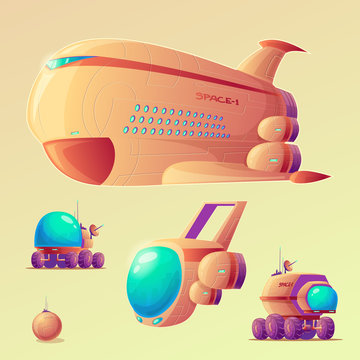 Vector mars colonization cartoon objects set. Spaceship, shuttle, mars rovers, base colony generato. Illustrations for futuristic infographics, banners in galaxy exploration, planet terraforming style