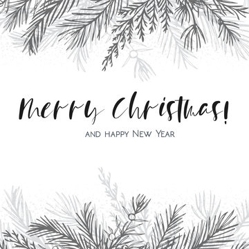 Merry Christmas greeting card, postcard vector design hand drawn silver gray ink winter tree, pine branch, blue spruce, cedar leaf border decorative frame. Winter cute invite template