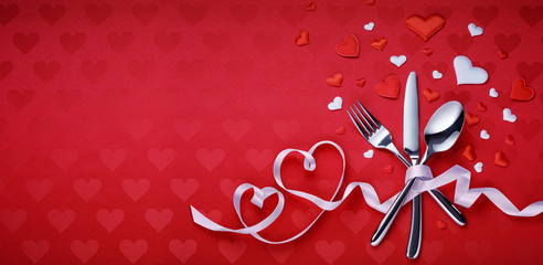 Table Setting Cutlery And Red Heart For Dinner Valentines Day
