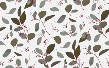 Materiał do szycia Seamless pattern with Eucalyptus tree tropical seeded branches vintage, antique red blue leaves cute wallpaper, watercolor style. Vector decorative boho elegant print texture isolated white background