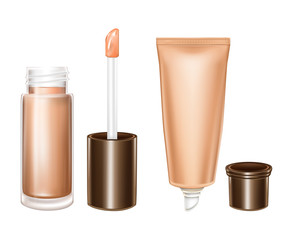 Vector realistic glass bottle with liquid lipstick and plastic tube with moisturizing, softening balm for protect against cracked lips and dryness, isolated on background. Mockup for cosmetic brand