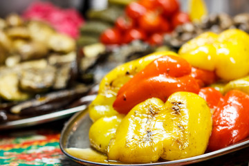 Freshly cooked grilled vegetables, tomatoes, mushrooms, eggplant, pepper ...