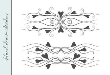 Vector hand drawn lovely valentine's day flourishes text divider graphic design element set. Designer art vintage border for Wedding invite card, page decoration. Delicate swirls hearts ornatate motif