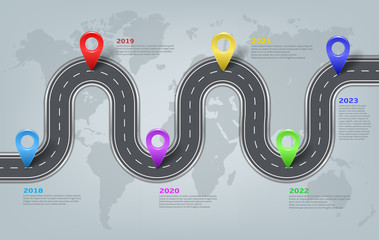 Vector company corporate car road on world map milestone, timeline, business presentation layout, infographic strategic plan workflow with pointers marks. Concept template illustration.