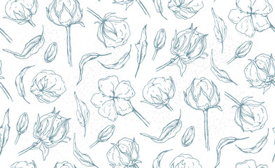 Materiał do szycia Seamless pattern with cotton ball flower, leaves hand drawn light blue linear natural designer elements. Beautiful, cute lovely elegant wallpaper, textile fabric design. Tender linear graphic print