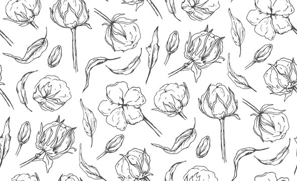 Seamless pattern with cotton ball flower, leaves hand drawn ink natural designer elements. Beautiful, cute lovely art drawing, sketch wallpaper, textile fabric design. Gray ructic  linear illustration
