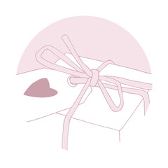 Hand draw present box with ribbon and tag. Round St Valentines Day badge