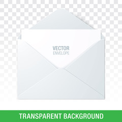 White opened envelope with paper inside, laying on a transparent background. Vector envelope mockup.