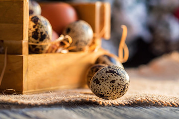 Fresh farm brown eggs on rustic background