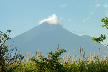 Dramatic sunset volcano Santiago and growing sugar cane in Guatemala.