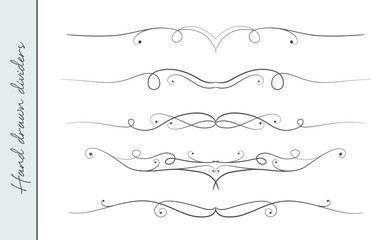 Vector hand drawn elegant flourish, text divider, graphic design element set. Designer art border for Wedding invite card, page decoration. Elegant calligraphic swirls, dots delicate motif ornament