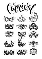 Vector collection of carnival masquerade masks isolated on white background - obrazy, fototapety, plakaty