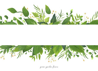 Vector card floral design with green watercolor fern leaves, tropical forest greenery herbs decorative frame, border. Elegant beauty cute watercolor rustic greeting, wedding invite, postcard template